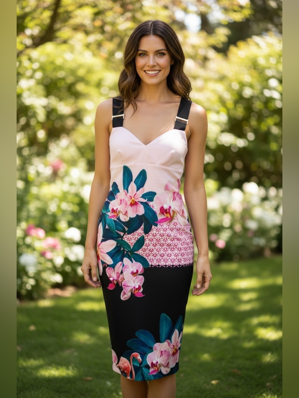 Ted Baker NWT Pink orchid Floral Midi Dress with Black Panels